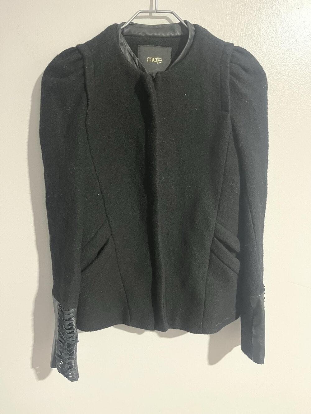 Maje Jacket Womens 36 Black Tweed Wool Full Zip Lined Pockets Slim Fit